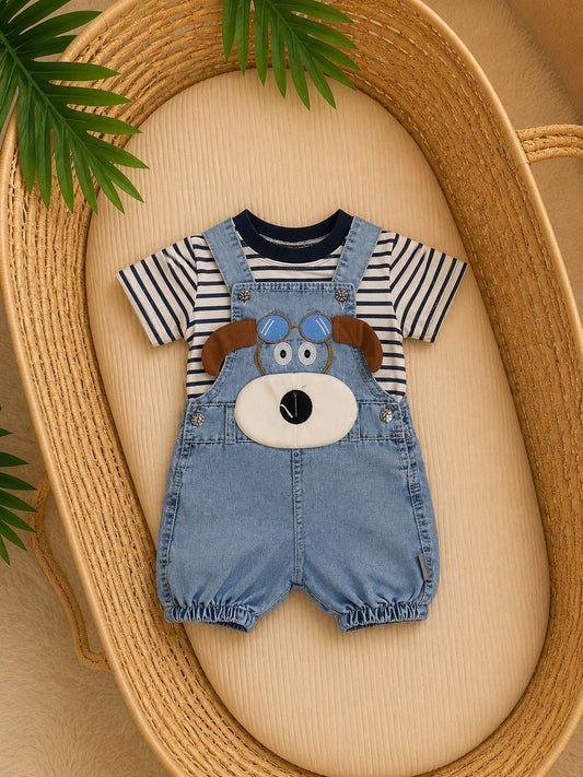 Baby Puppy Denim Dungaree & Striped Tee Set