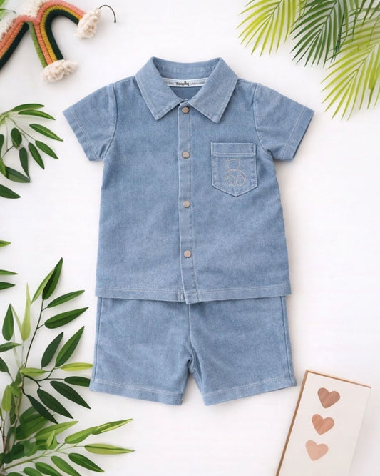 Denim Bear Embroidered Shirt & Shorts Set
