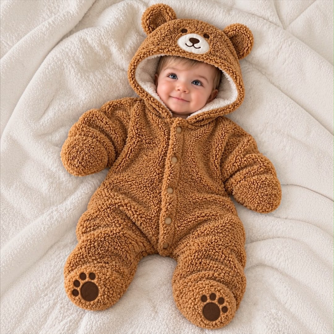 Baby wearing brown teddy bear hooded romper with bear ears and paw-detail feet