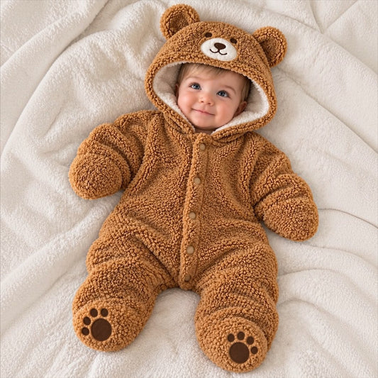 Baby wearing brown teddy bear hooded romper with bear ears and paw-detail feet