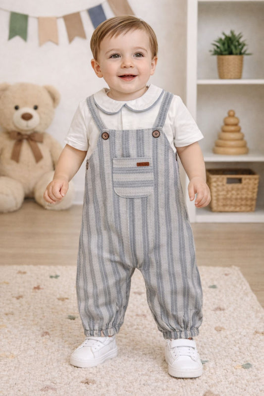 Linen Striped Dungaree & Peter Pan Collar Tee Set