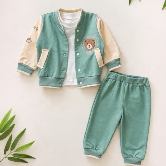 Sage green bear baby varsity jacket with cream sleeves and matching joggers