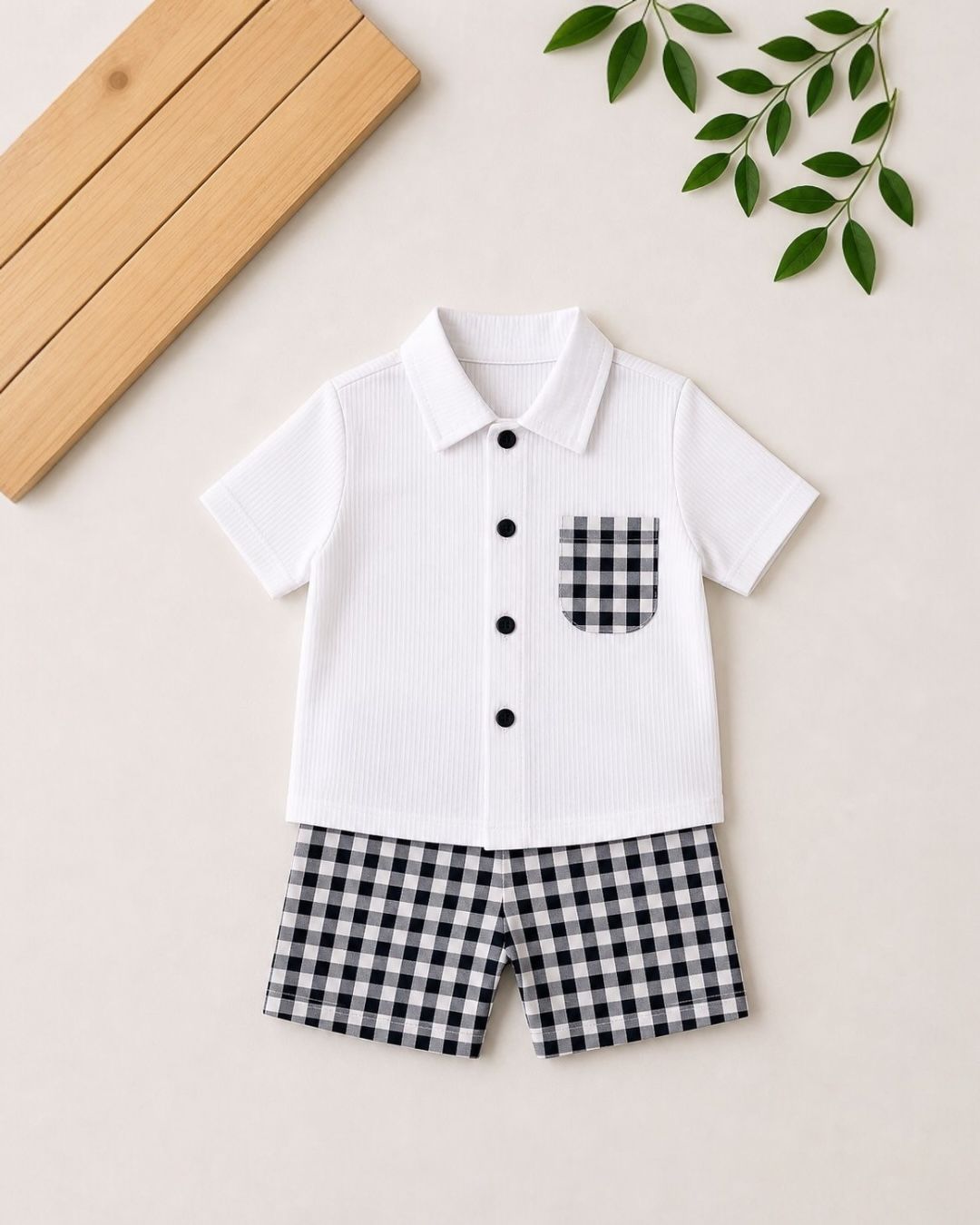 Gingham Check Baby Two-Piece Set | White Shirt and Check Shorts