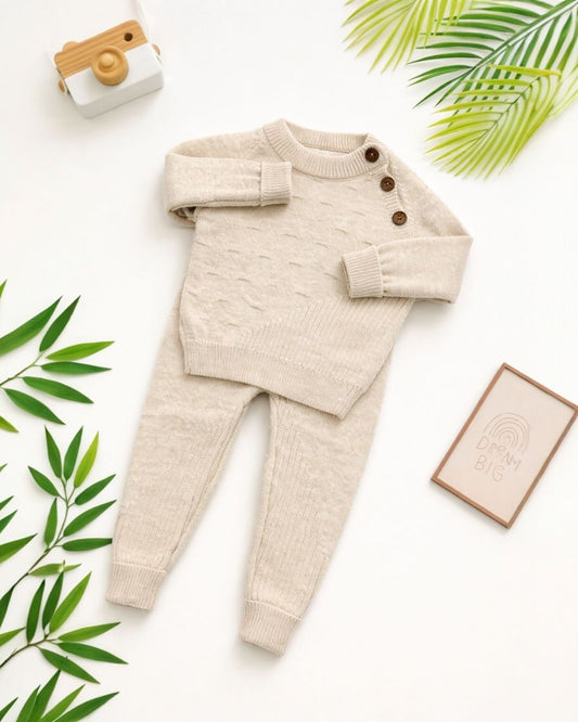 Baby Knit Set - Textured Sweater and Pants in Beige