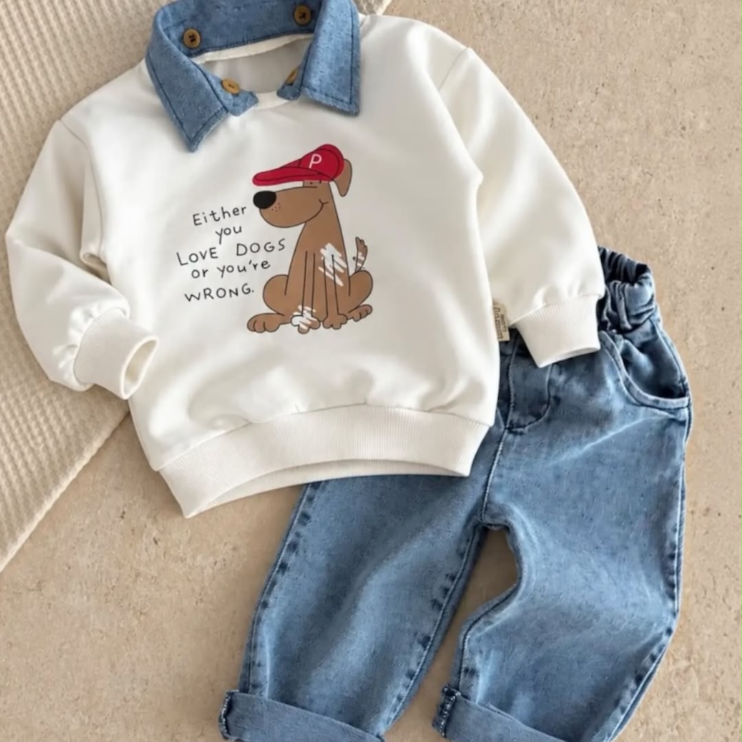 Cream dog-print collared baby sweatshirt with light-blue jeans
