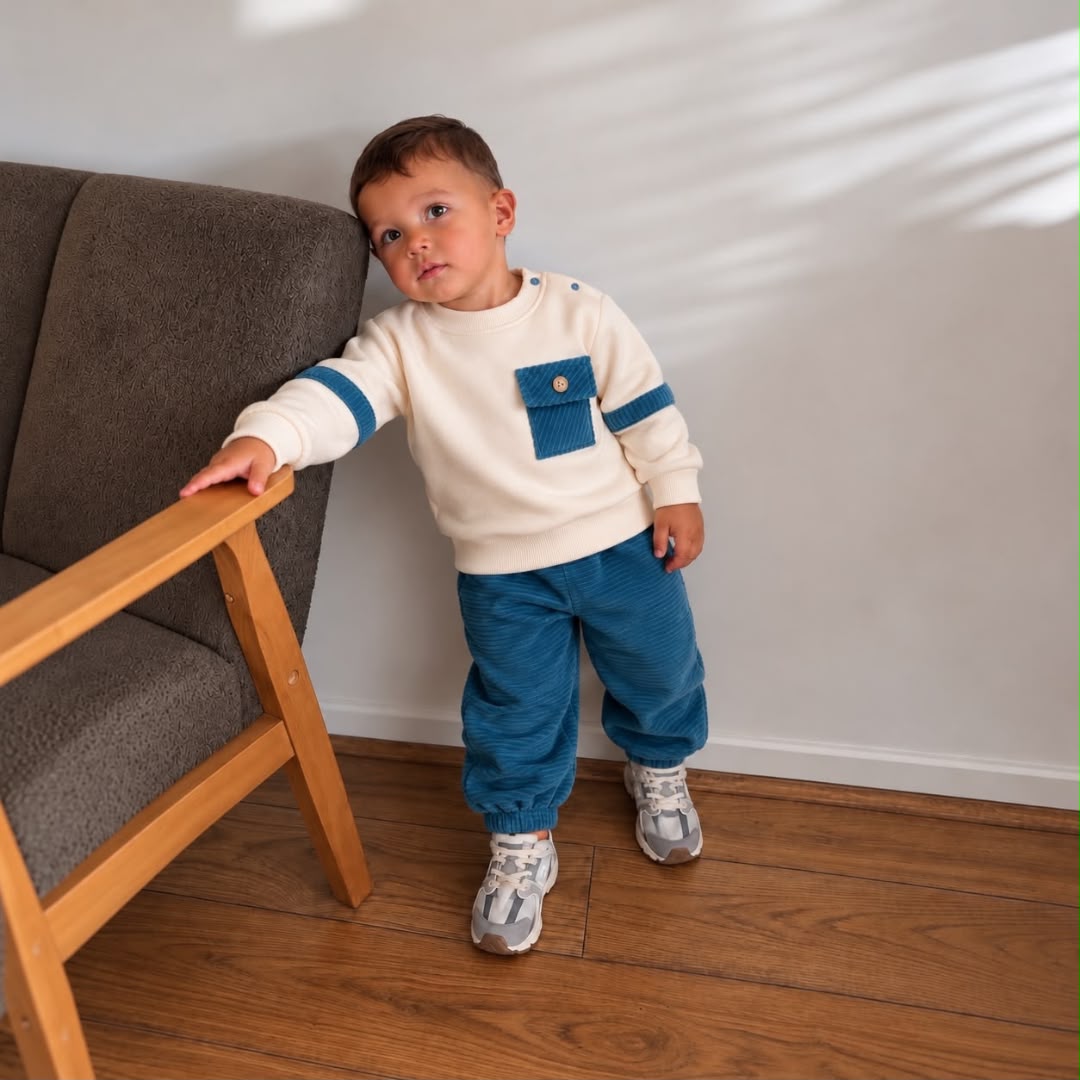 Toddler wearing cream blue-pocket sweatshirt and blue joggers