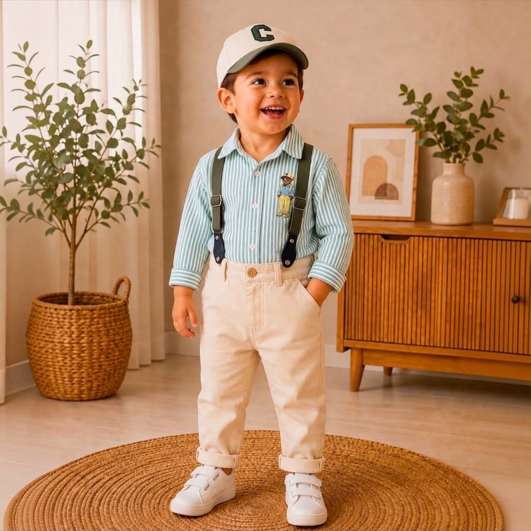 Baby boy wearing Bear Stripe Green Set standing