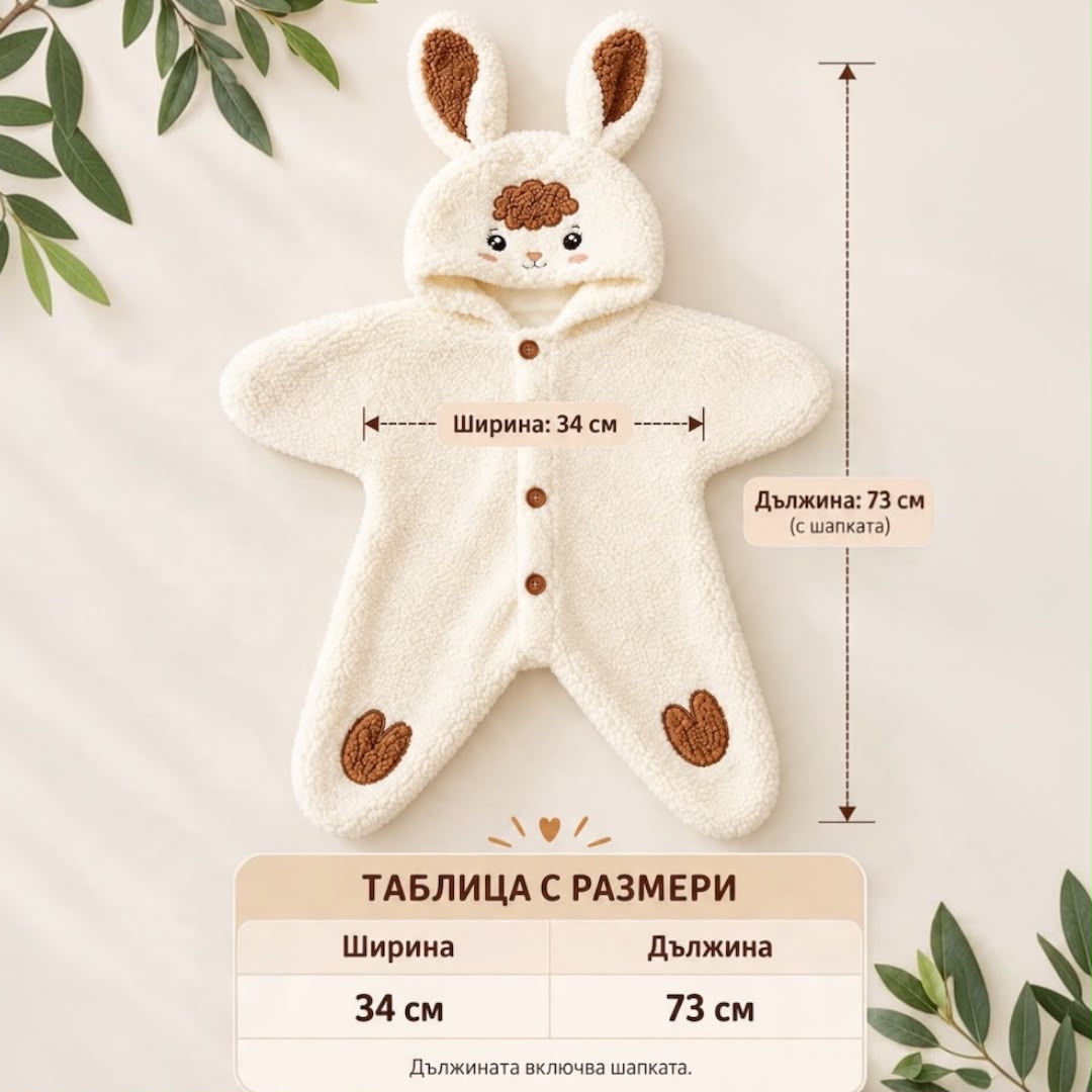 Cream bunny-ear hooded baby pramsuit size guide showing width 34 cm and length 73 cm including hood