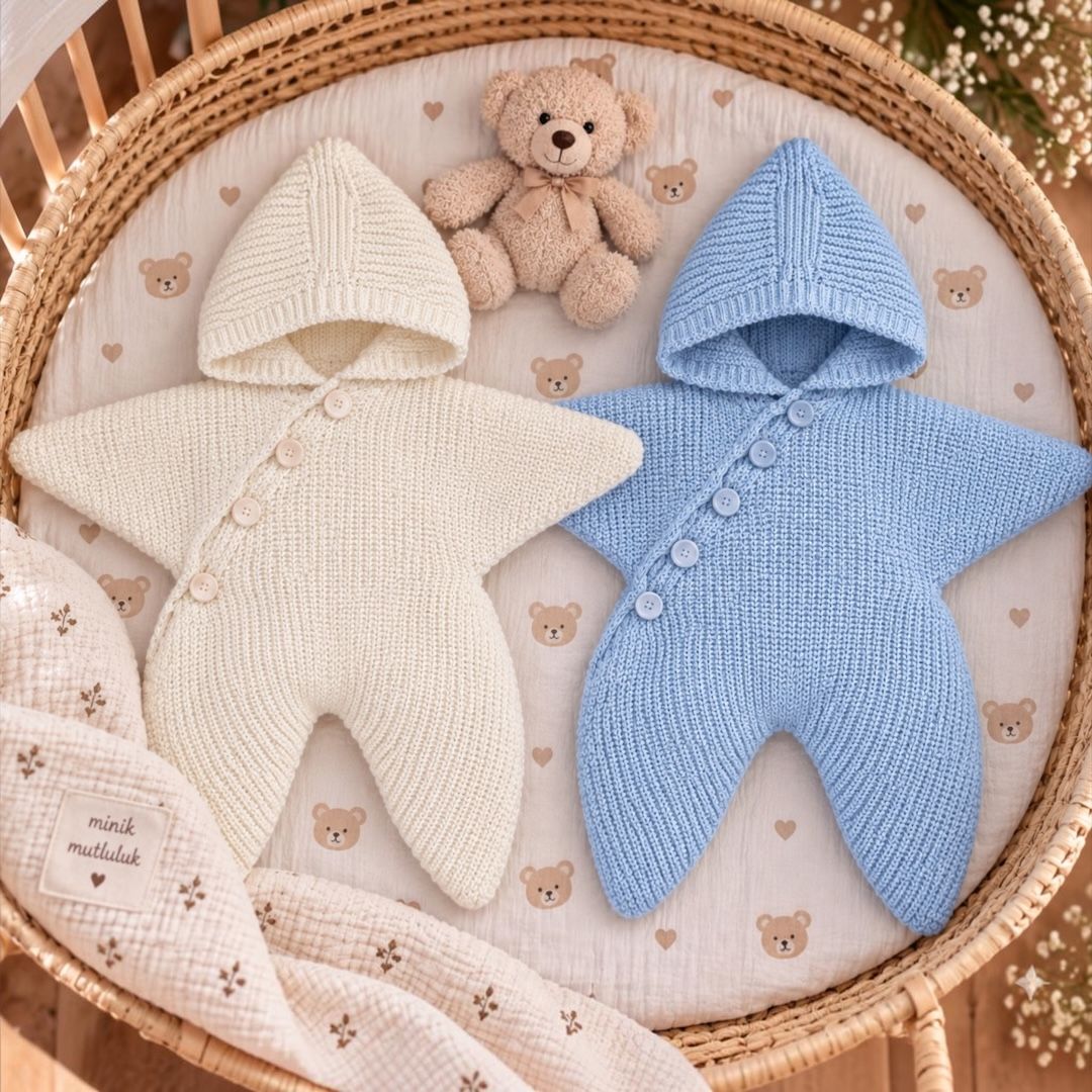 Baby Star Knit Romper - Ecru and Blue