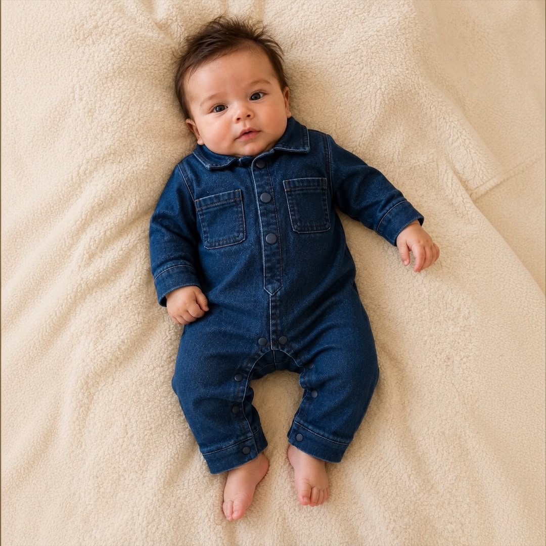 Baby boy wearing Denim Shirt Collar Romper lying on cream blanket