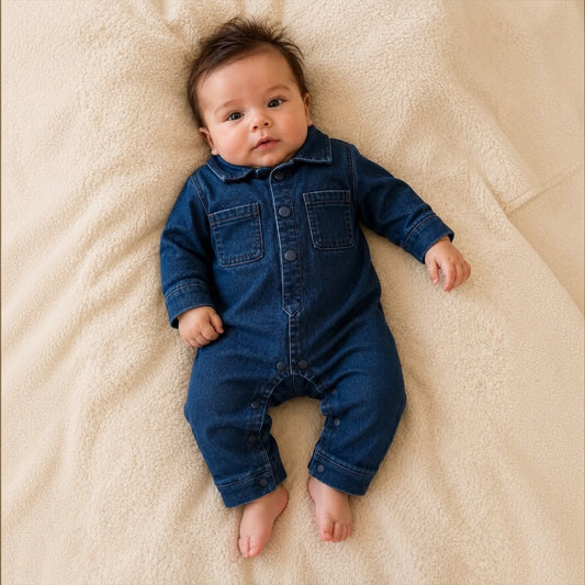 Baby boy wearing Denim Shirt Collar Romper lying on cream blanket