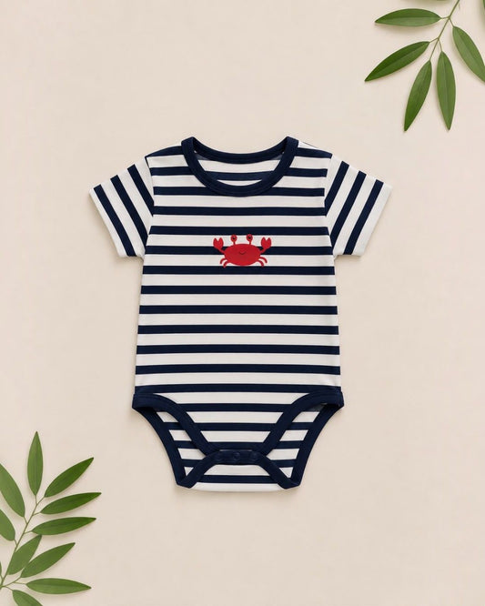 Baby Striped Bodysuit with Crab Embroidery – Navy & White Short Sleeve Romper