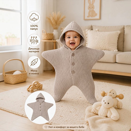 Baby wearing Beige Star Waffle Hooded Romper standing smiling