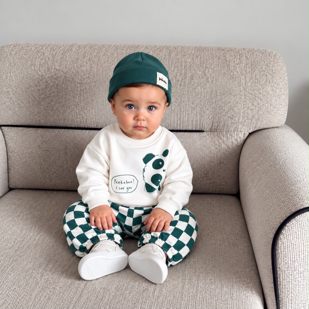 Baby wearing panda sweatshirt and green checkered joggers