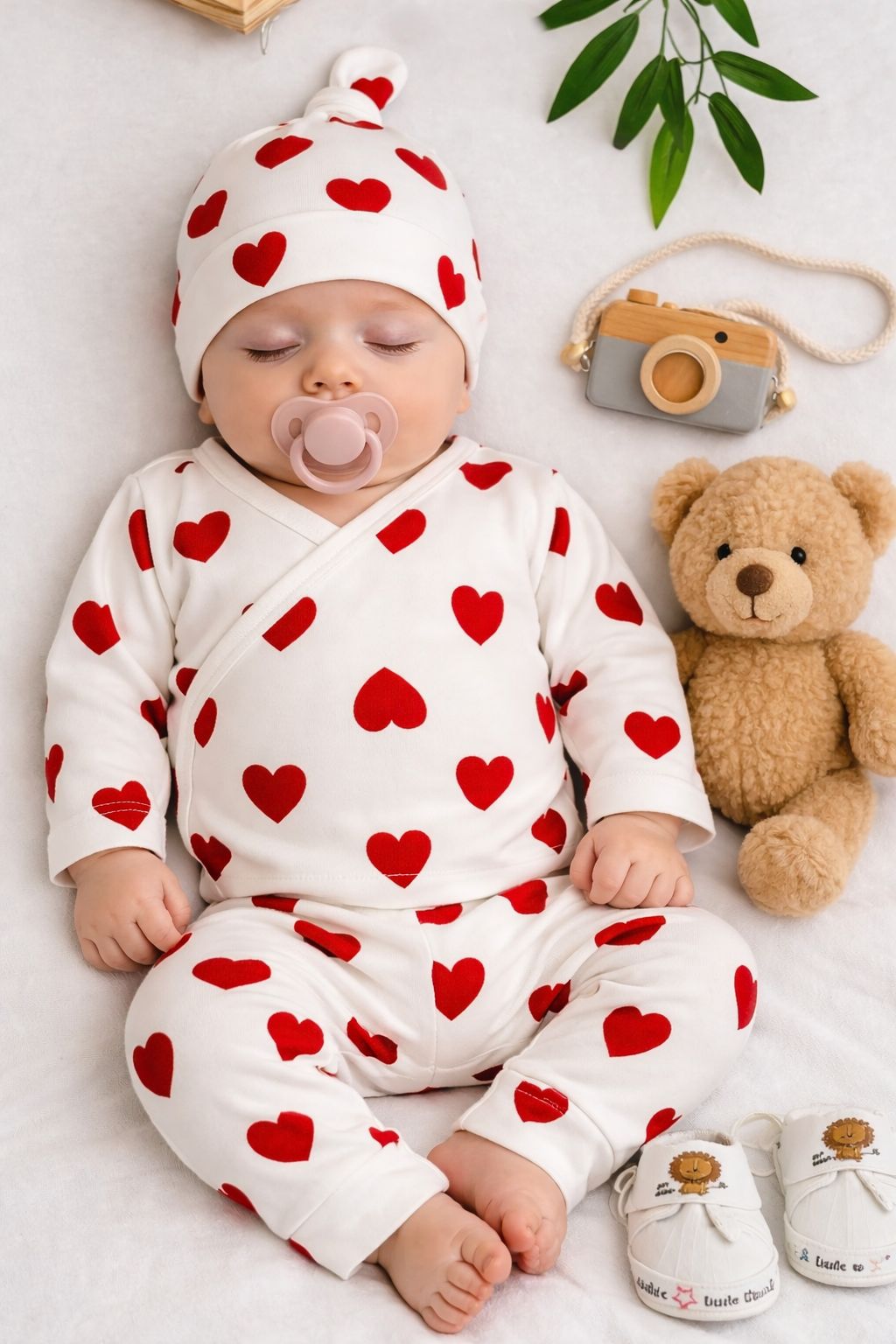 Red Heart Newborn Set - 3 Piece Kimono Outfit with Hat