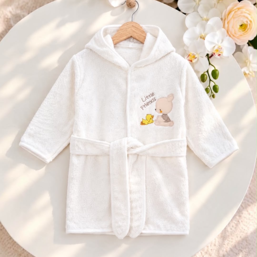 White toddler hooded bathrobe with Little Friends animal and duck motif and tie belt
