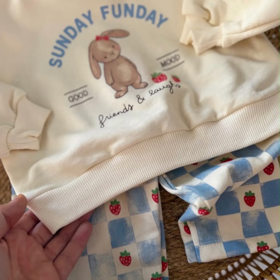 Close-up of bunny graphic and ribbed hem on cream Sunday Funday baby sweatshirt