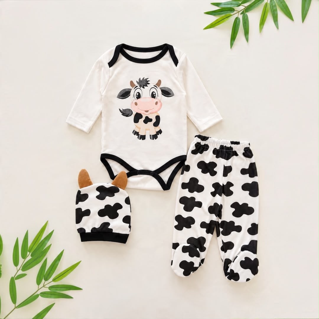 Cow graphic baby bodysuit with cow-print footed trousers and matching horn-detail hat