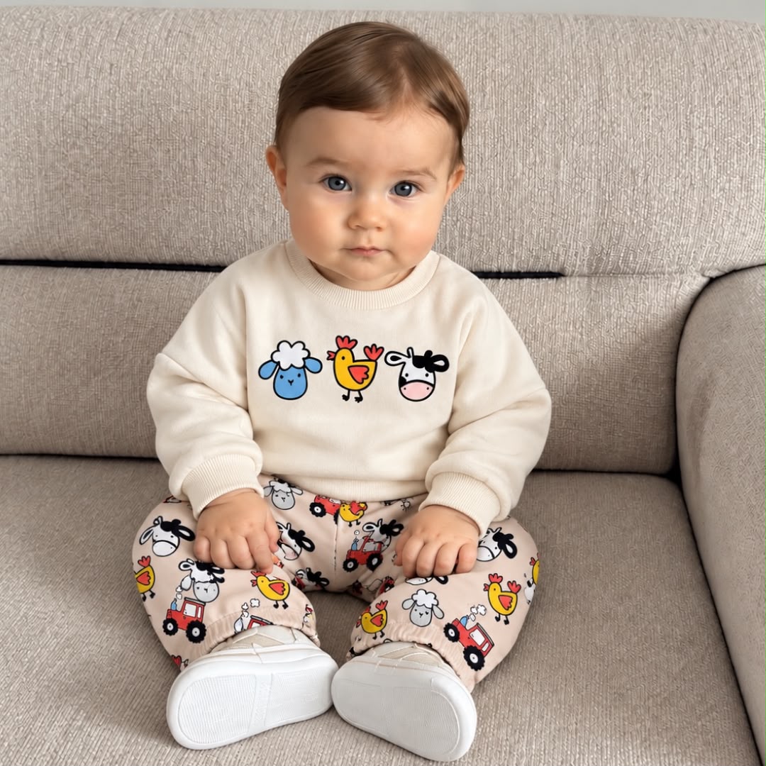Baby wearing cream farm animal sweatshirt and pink animal and tractor-print trousers