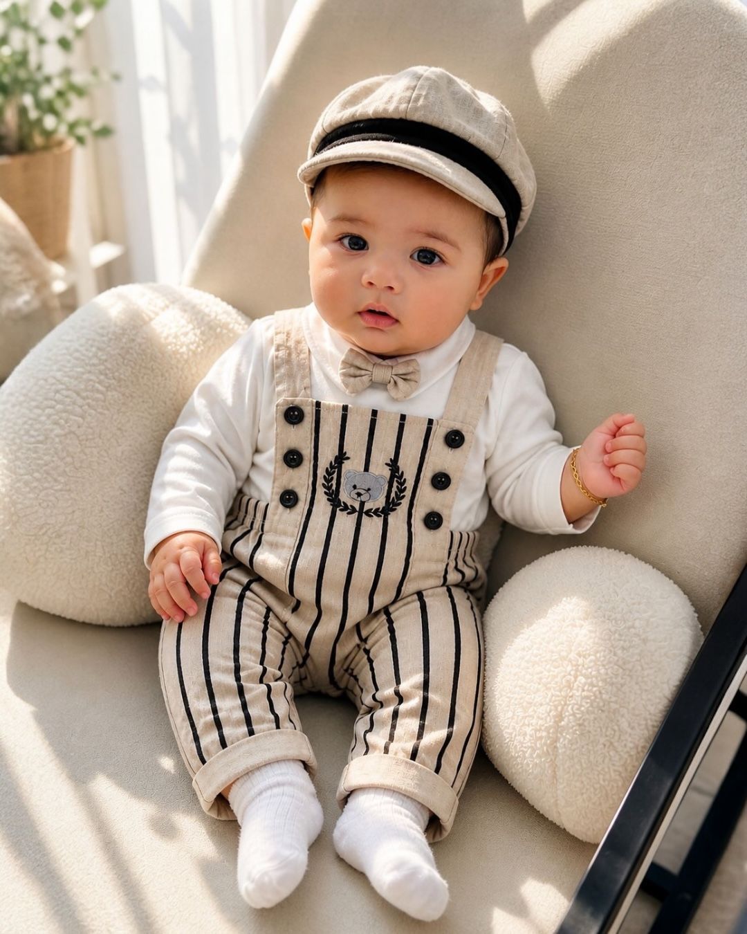 Bear Crest Striped Dungaree Baby Four-Piece Set | Bodysuit, Dungarees, Bow Tie and Cap