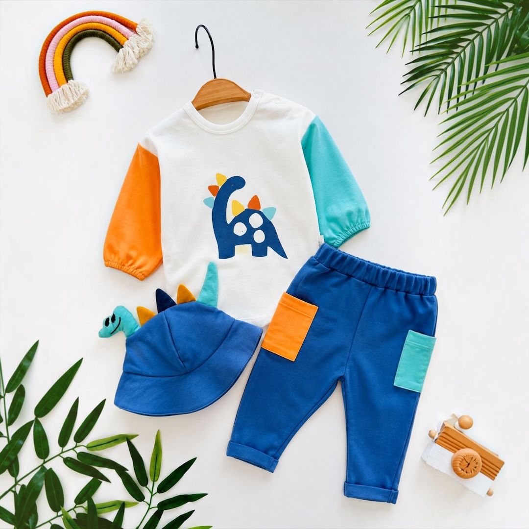 Little Roar Baby Dinosaur Set - Blue - flat lay with hat and pants