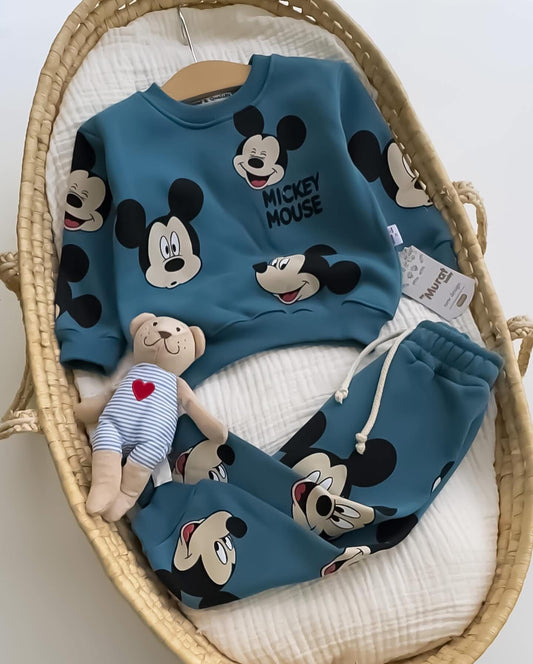 Cartoon Mouse Sweatshirt Set - Teal Blue