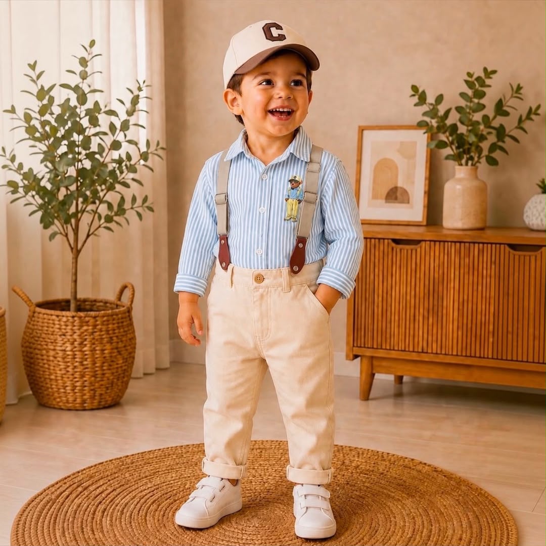 Baby boy wearing Bear Stripe Set standing
