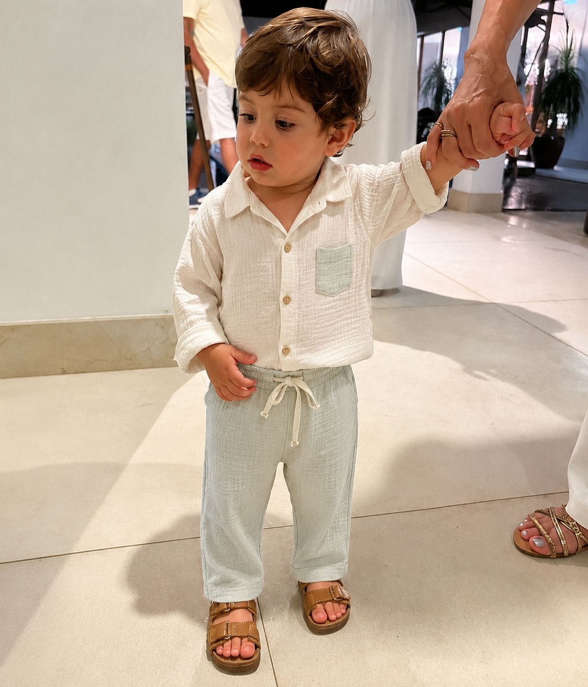 Baby Cream Muslin Shirt & Sage Green Linen Trousers Set