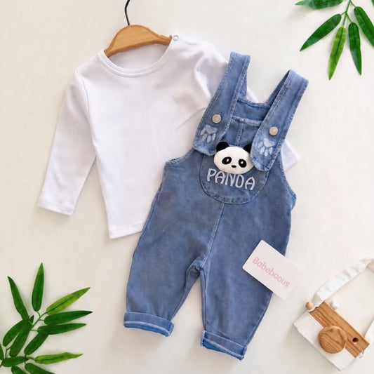 Panda Denim Dungaree Set flat lay with white tee