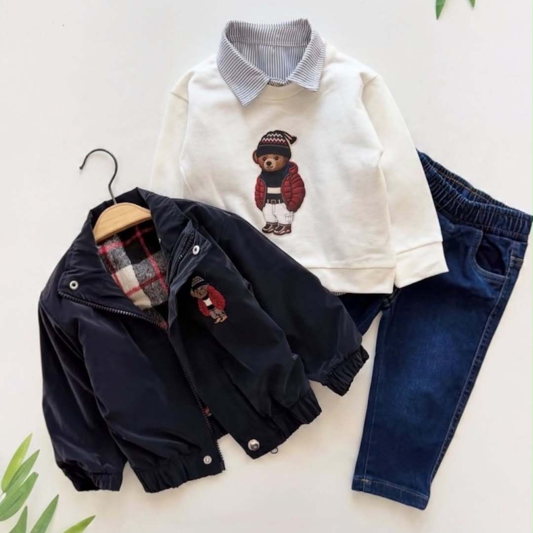 Navy bear jacket cream striped-collar bear sweatshirt and blue baby jeans