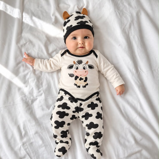 Baby wearing cream cow bodysuit cow-print footed trousers and matching hat