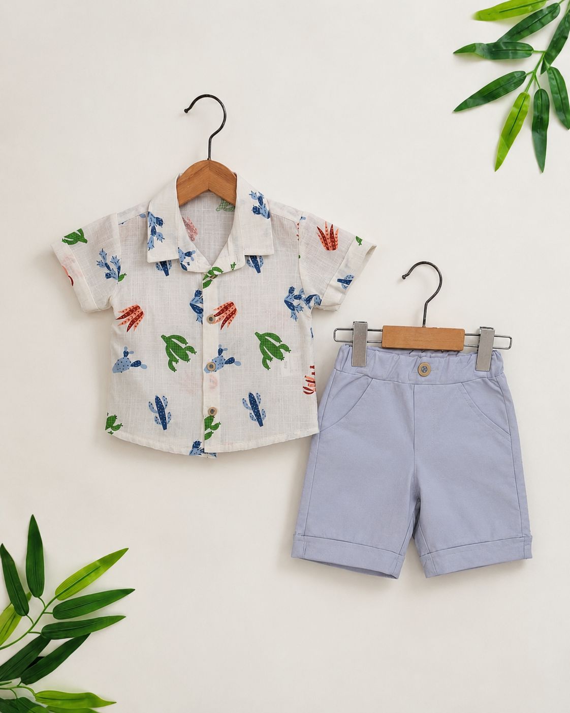 Baby Cactus Print Muslin Shirt & Blue Shorts Set