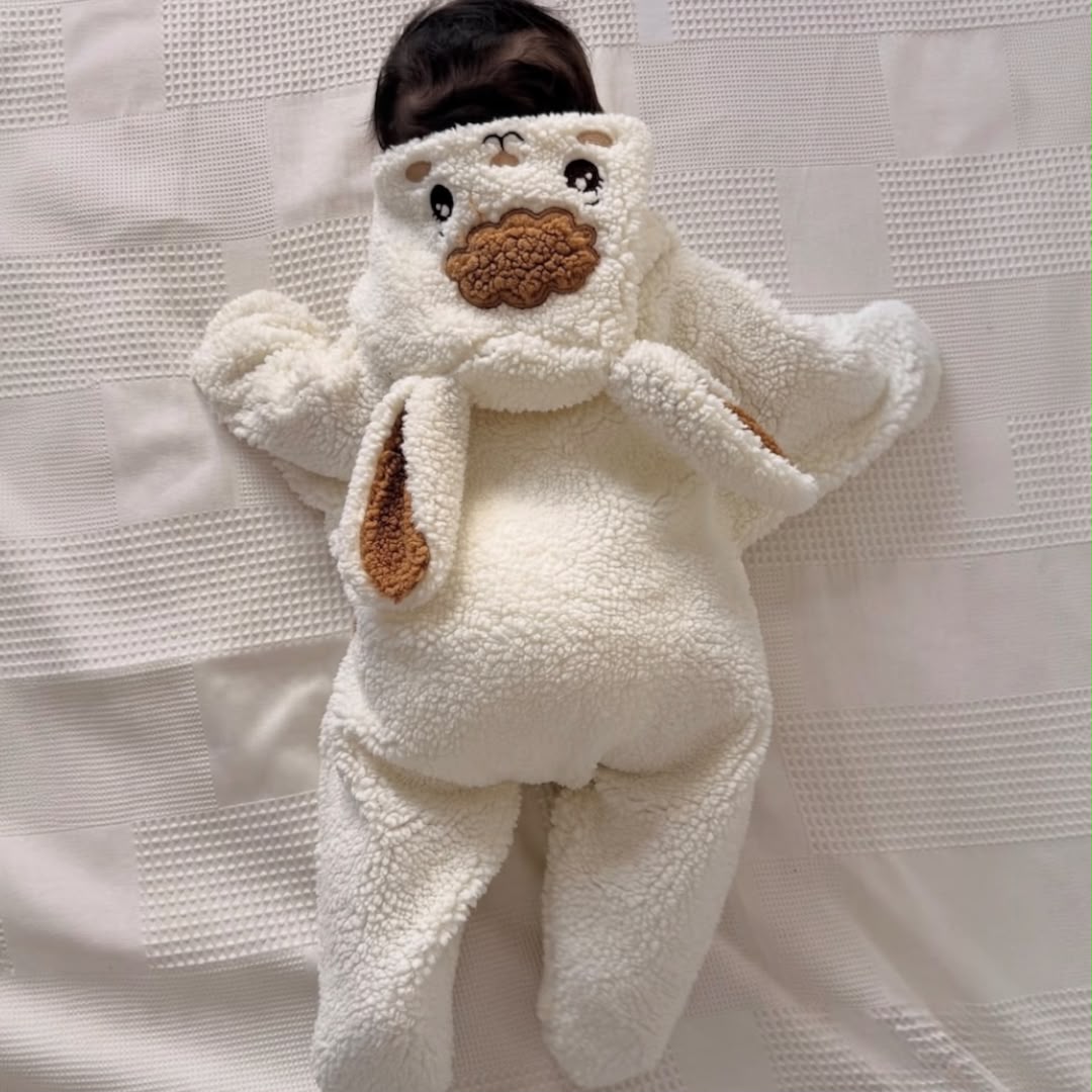 Back view of cream hooded baby pramsuit with long ears