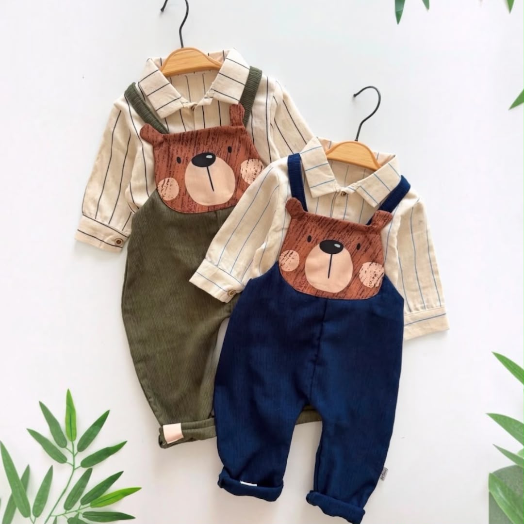 Bear Face Dungaree Set – both colours flat lay