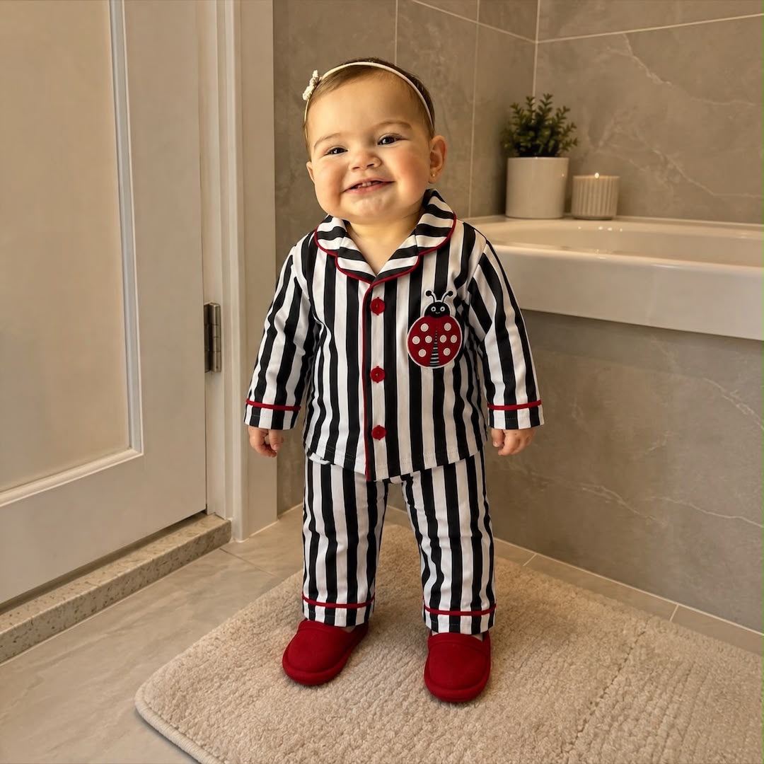Baby girl wearing Ladybug Striped Pyjama Set standing smiling in bathroom