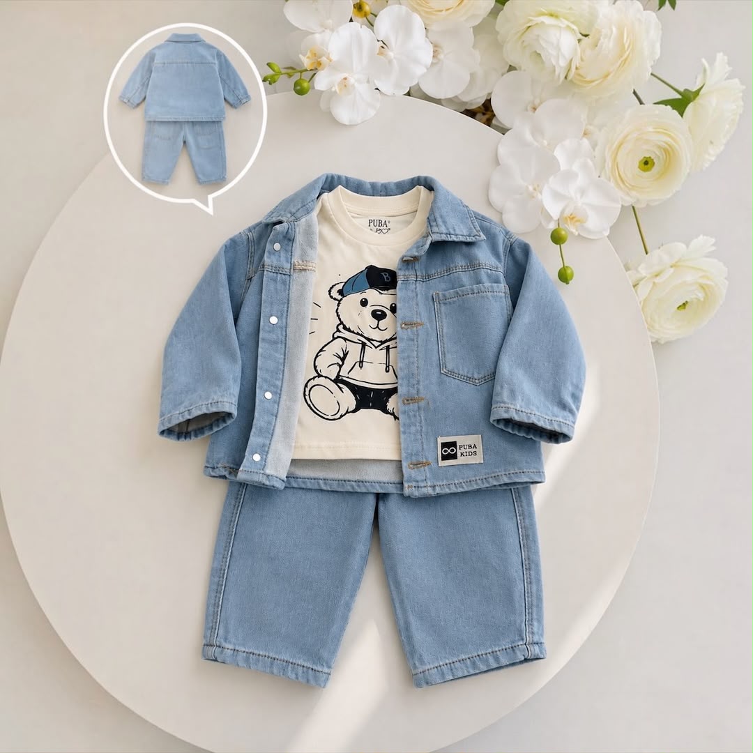 PUBA Kids Bear Denim Set flat lay with back view