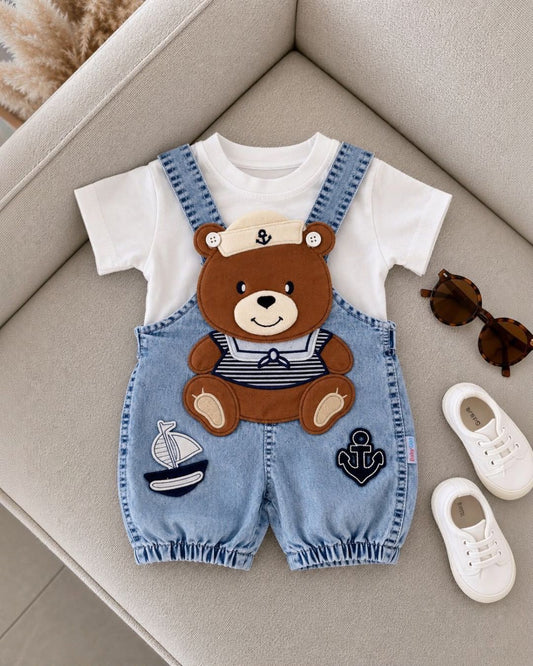 Boys Nautical Bear Denim Dungaree & T-Shirt Set – Sailor Summer Outfit