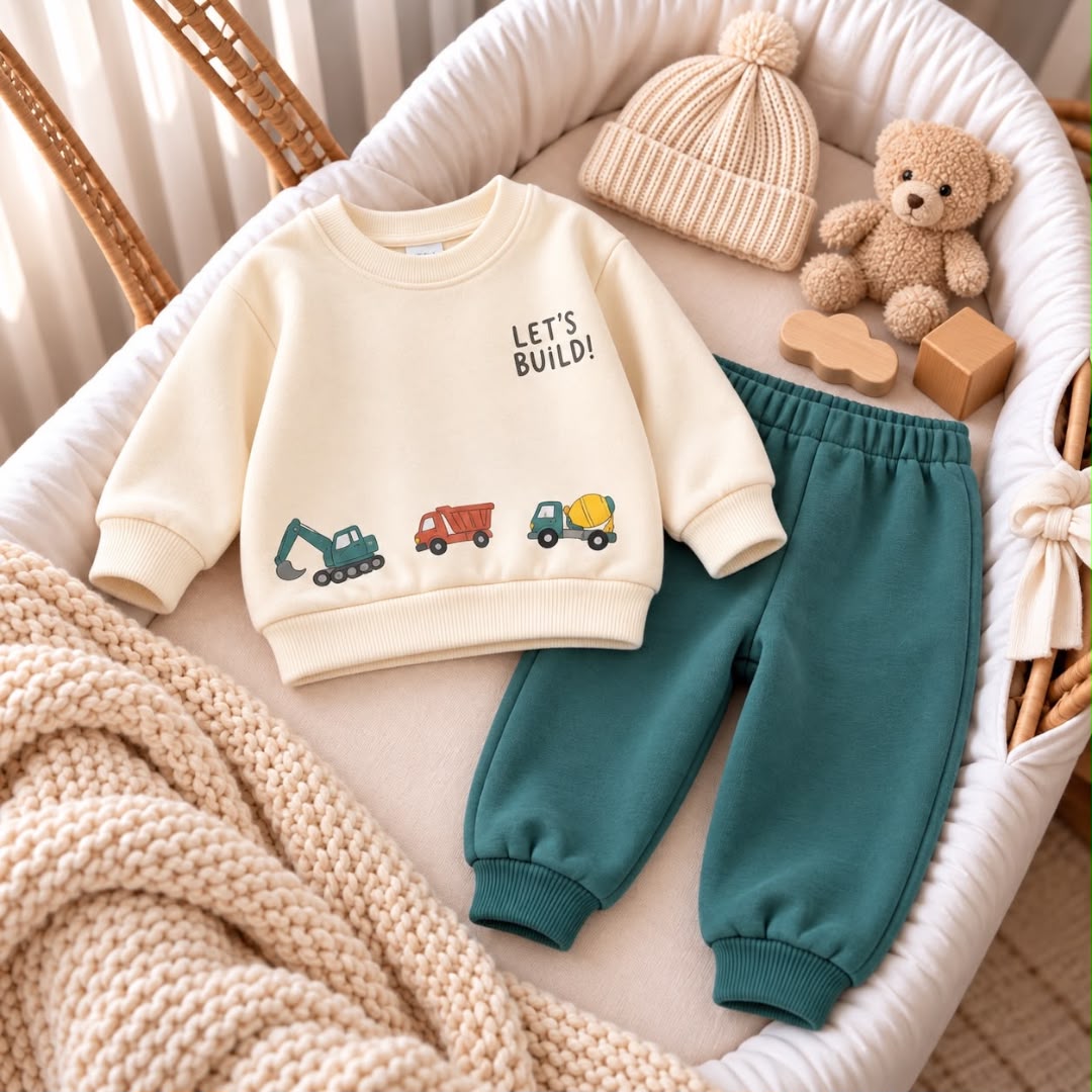 Cream Let's Build construction vehicle baby sweatshirt with teal joggers laid flat