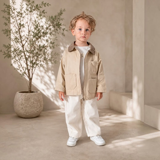 Toddler boy wearing Kids 3-Piece Khaki Zip Jacket & Cream Pants Set standing in sunlit room