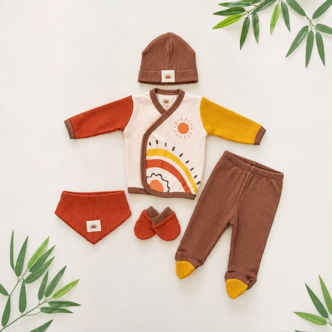 Five-piece newborn rainbow outfit with wrap-style top brown footed trousers hat rust bib and mittens