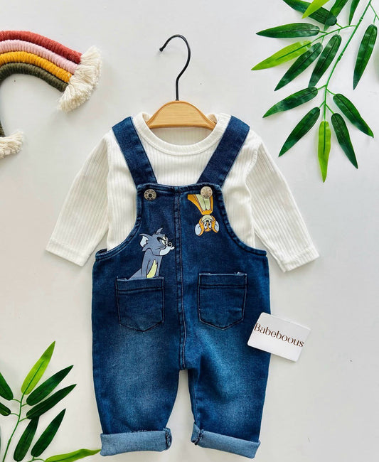 Baby Denim Dungaree Set with Ribbed Top - Cartoon Character Outfit