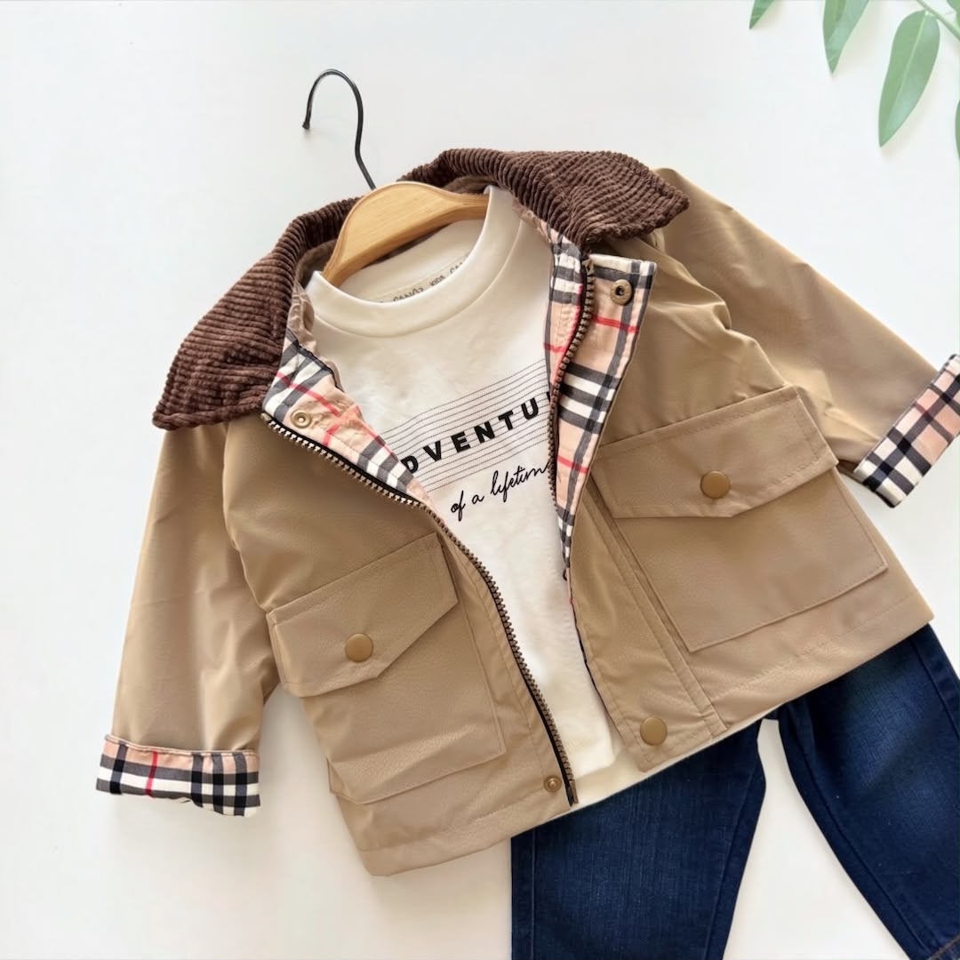 Baby boy beige jacket outfit with printed top and blue trousers