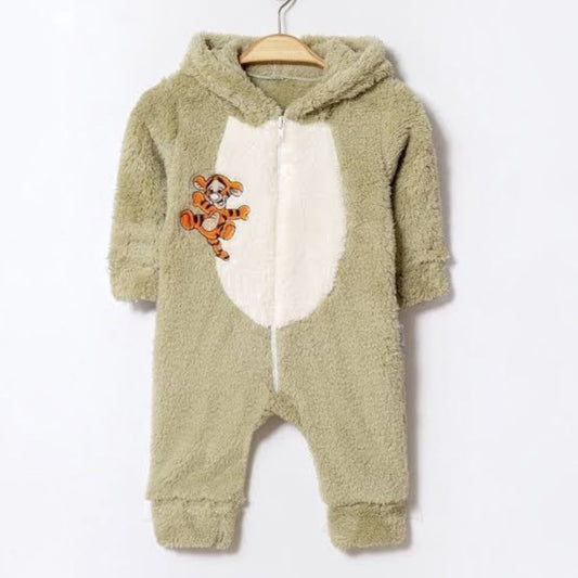 Baby Fluffy Sage Green Hooded Zip Romper with Cartoon Character Appliqué on hanger
