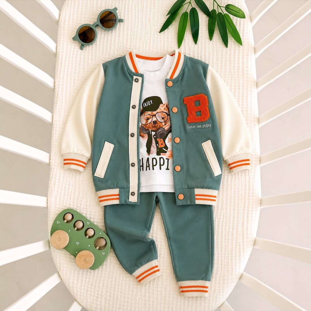 Varsity bear baby set in sage green - flat lay