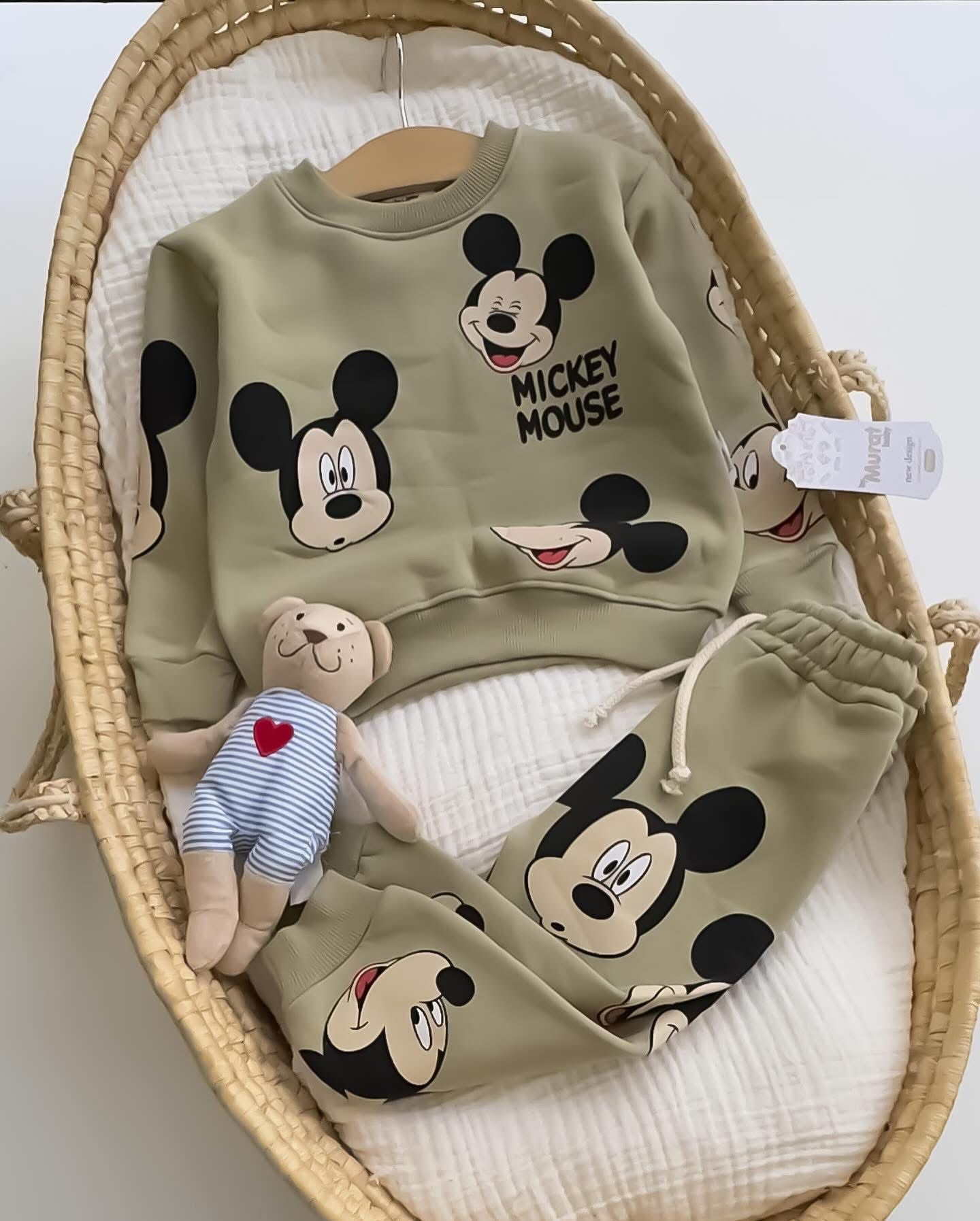 Cartoon Mouse Sweatshirt Set - Sage Green