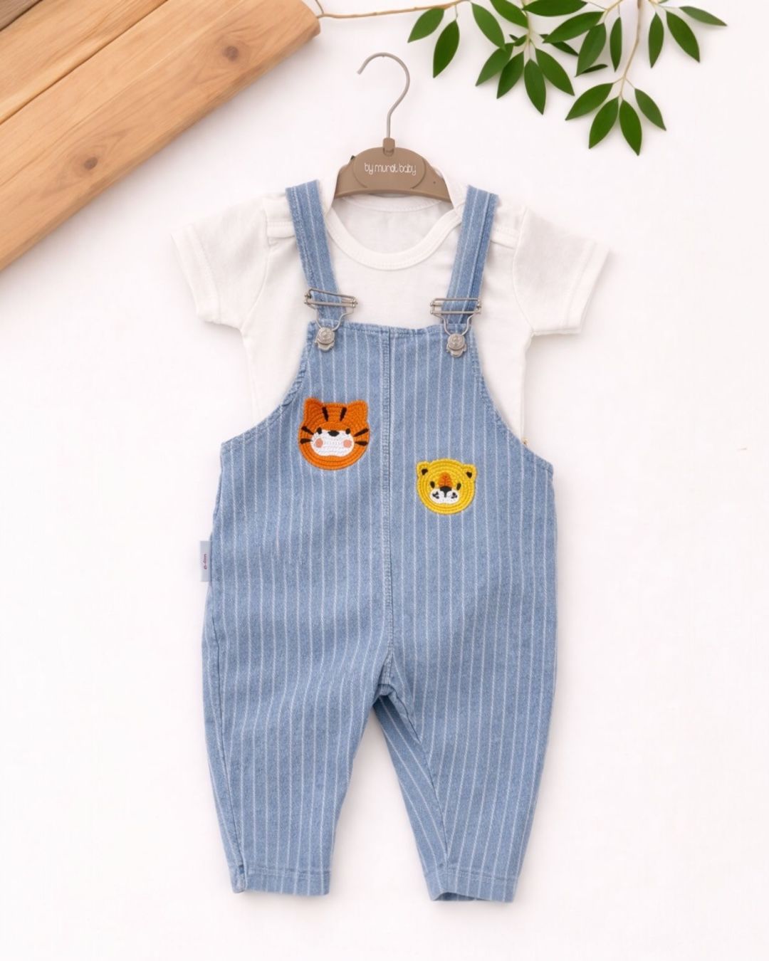 Tiger and Lion Applique Baby Striped Dungaree Set | White Bodysuit and Blue Dungarees