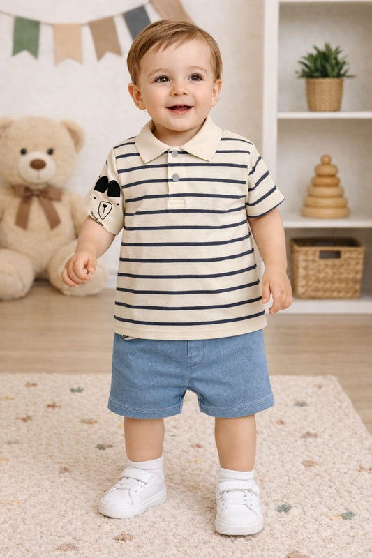 Denim Striped Polo & Shorts Set