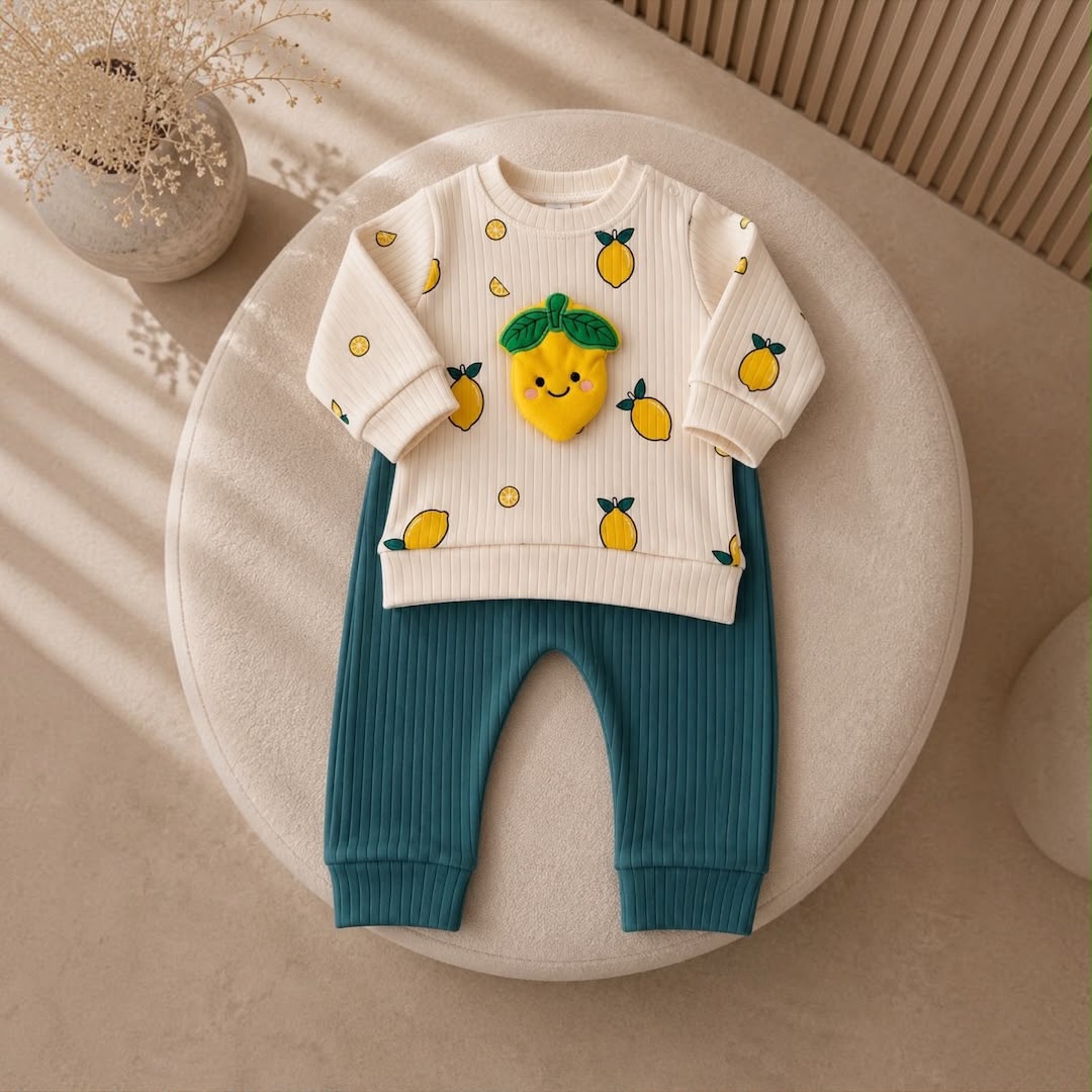 Baby Lemon Print Sweatshirt & Teal Ribbed Pants Set flat lay on ottoman