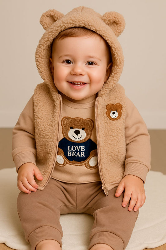 Baby Bear Outfit Set - 3 Piece Teddy Vest & Pants
