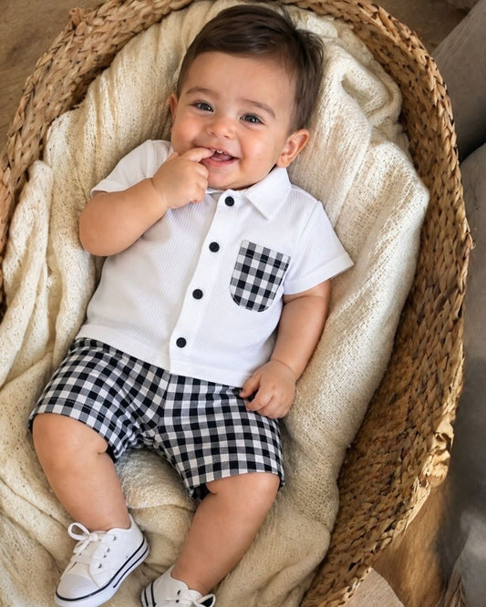 Gingham Check Baby Two-Piece Set | White Shirt and Check Shorts